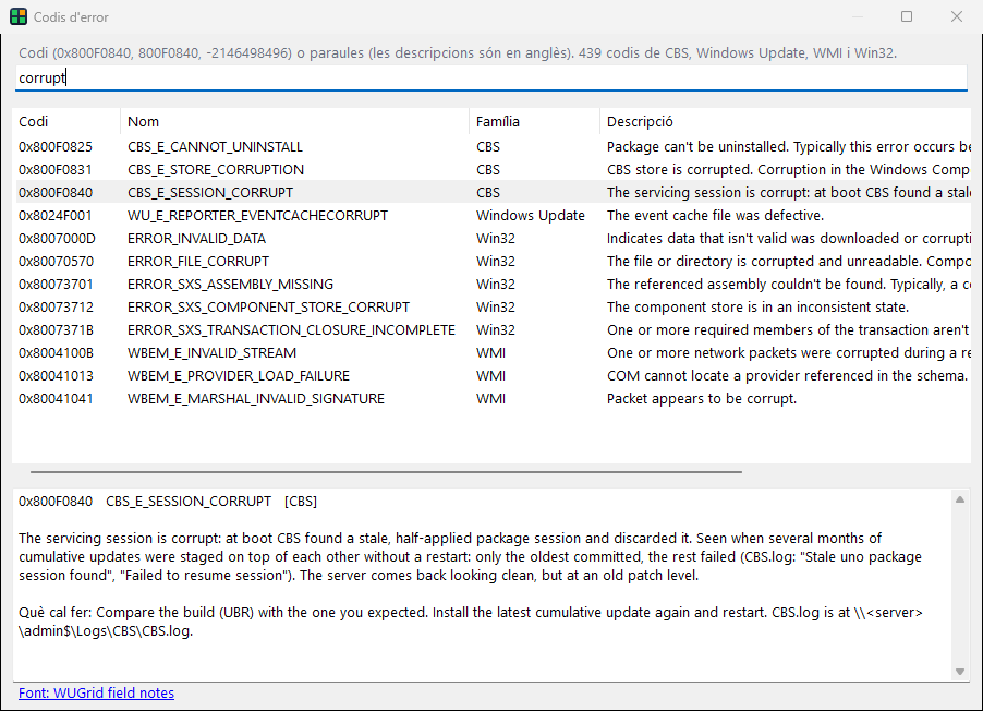 La finestra Codis d'error cercant la paraula corrupt: codis de CBS, Windows Update, Win32 i WMI, amb 0x800F0840 seleccionat i explicat.