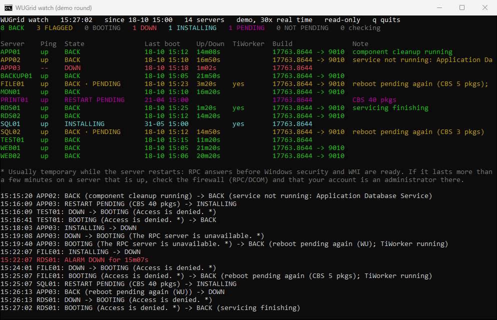 wugrid-cli watch en una finestra de consola: els mateixos catorze servidors en files de colors amb els recomptes, la nota sobre els errors temporals i els darrers esdeveniments.