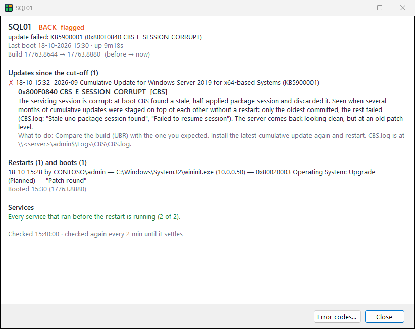 Details of SQL01: back but flagged, the 2026-09 cumulative update failed with 0x800F0840 CBS_E_SESSION_CORRUPT, the error explained with what to do, the restart by an admin, one boot, services all running.