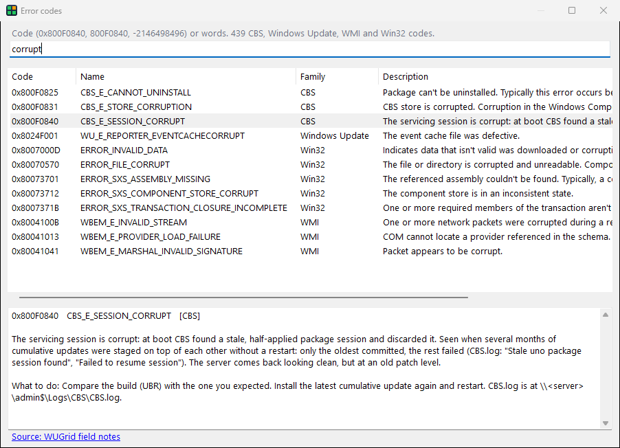 The Error codes window searching for the word corrupt: CBS, Windows Update, Win32 and WMI codes, with 0x800F0840 selected and explained.