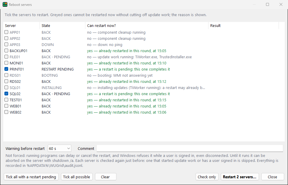 The Reboot servers window: each server with whether it can be restarted now and why not (component cleanup, down, booting, installing updates), two servers with a restart pending ticked, warning and comment options, Check only and Restart buttons.