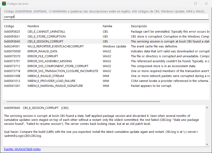 La ventana Códigos de error buscando la palabra corrupt: códigos de CBS, Windows Update, Win32 y WMI, con 0x800F0840 seleccionado y explicado.
